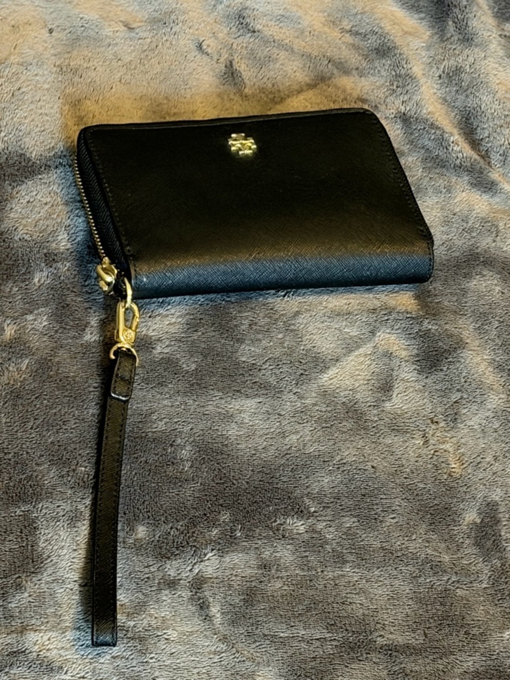 Tory Burch Black Saffiano Zip Wristlet with Gold Hardware